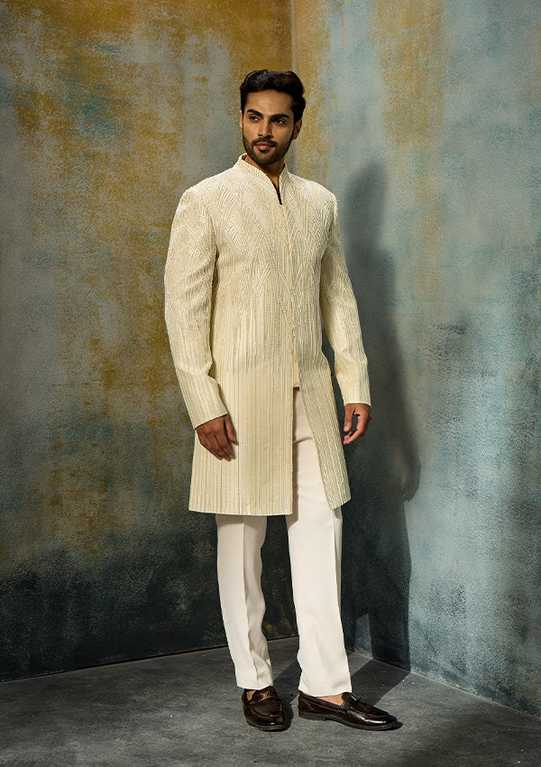 Ivory Raw Silk Sherwani Pajama with All-Over Pearl Moti Work