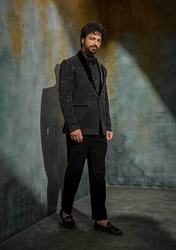Black Poly Viscose Suit with Multicolour Cutdana Work