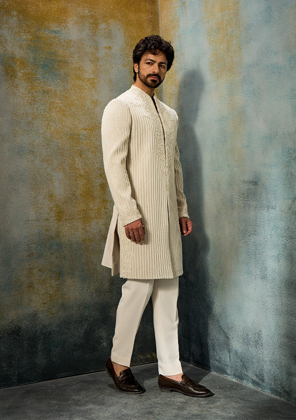 Ivory Raw Silk Sherwani Pajama with Tonal Embroidery & Moti Work