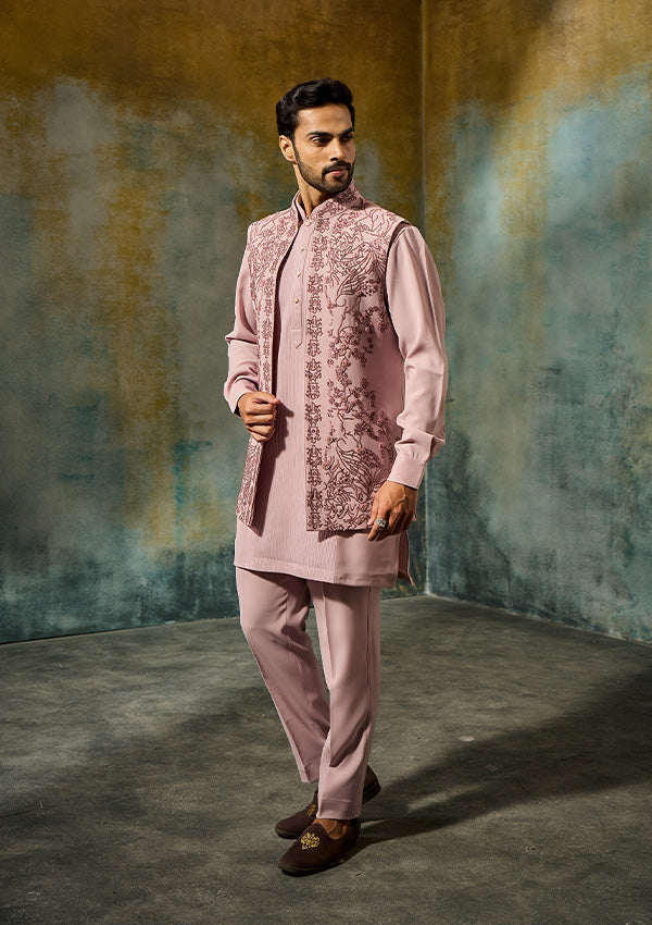Pink Poly Viscose Kurta Pajama with Cutdana, Tiki & Machine Work Koti
