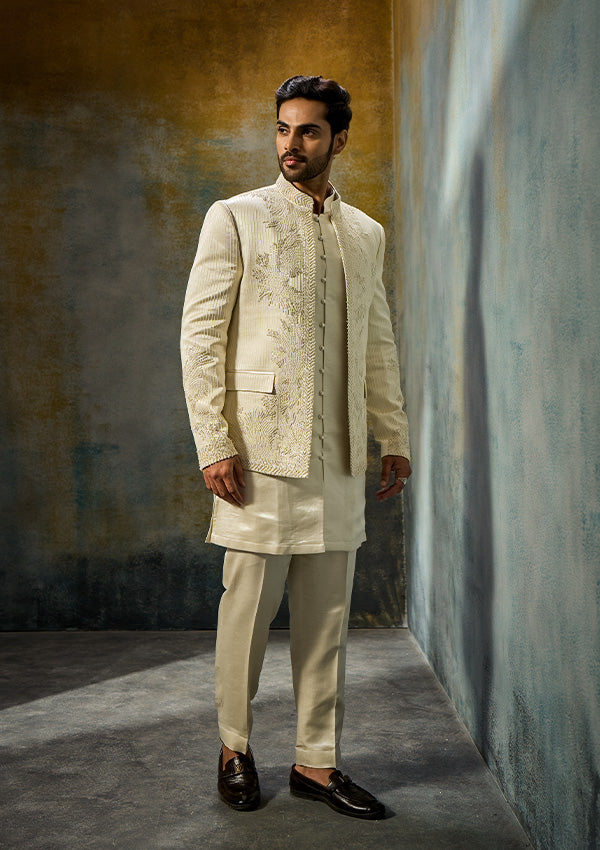 Light Gold Tissue Silk Jodhpuri Kurta Pajama with Moti & Threadwork