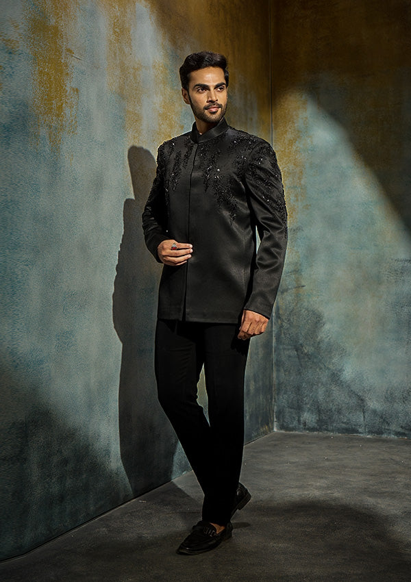 Black Poly Viscose Jodhpuri with Cutdana, Moti, Pearl & Bead Work