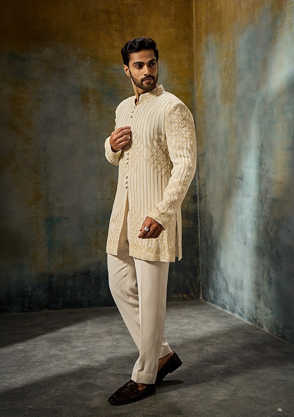 Off White Georgette Indo Western with All-Over Threadwork