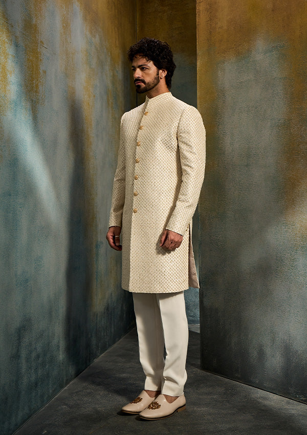 Cream Raw Silk Sherwani Pajama with Criss-Cross Zardozi & Moti Work