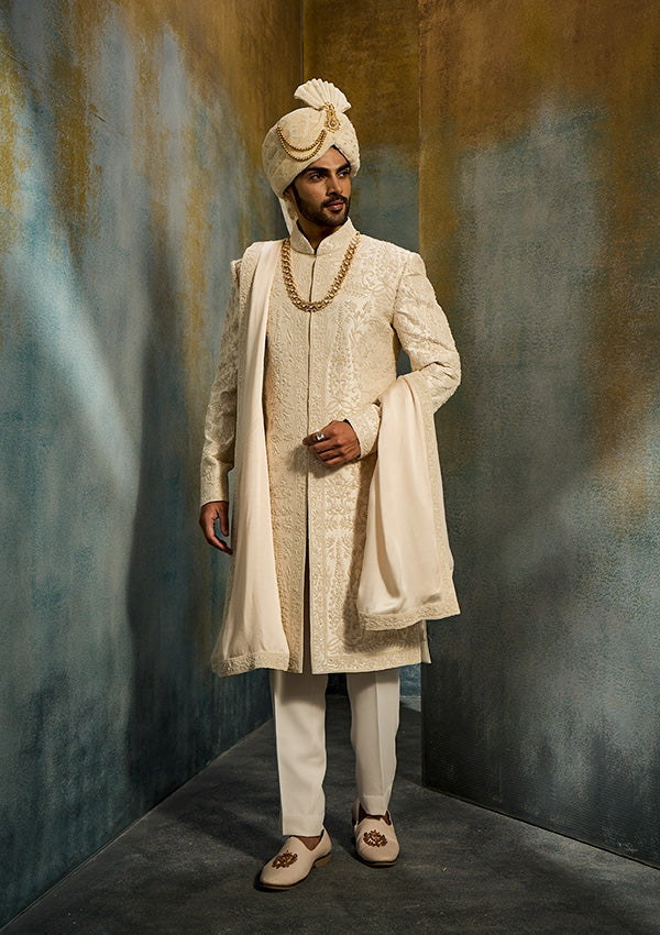 Off White Raw Silk Sherwani with Modal Satin Shawl & Moti Work
