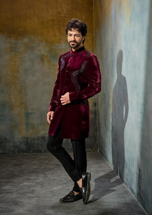 Wine Velvet Indo Western with Cutdana Work