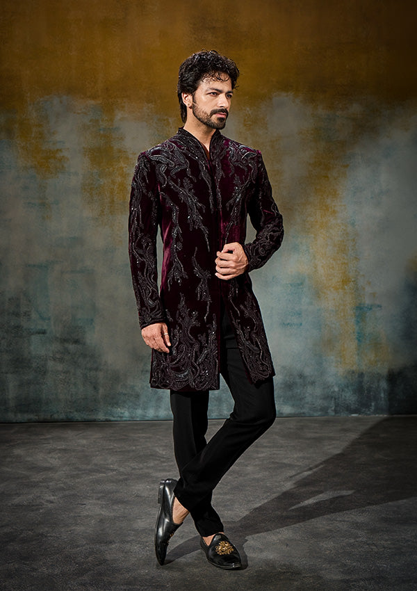 Wine Velvet Indo Western with Appliqué & Cutdana Work