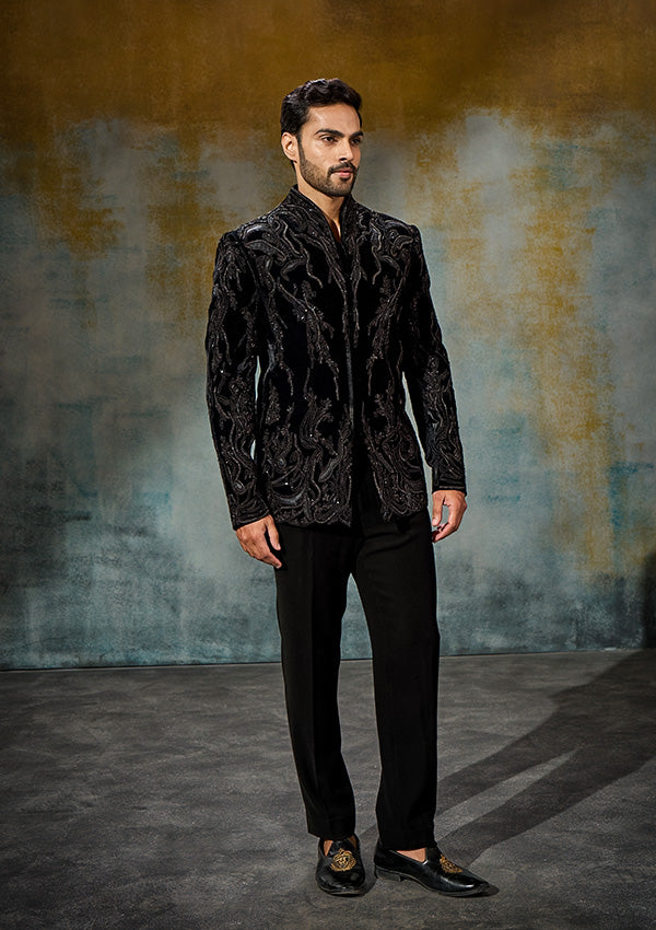 Black Velvet Suit with Appliqué & Cutdana Work