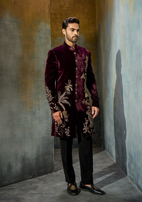 Wine Velvet Indo Western with Pita Kasab Work