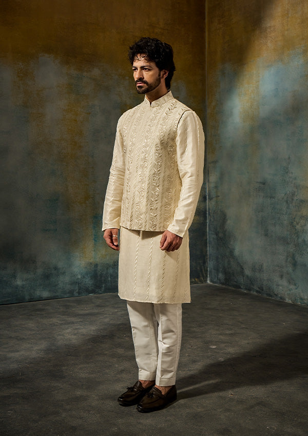 Light Gold Organza Kurta Pajama with All-Over Machine Work Koti