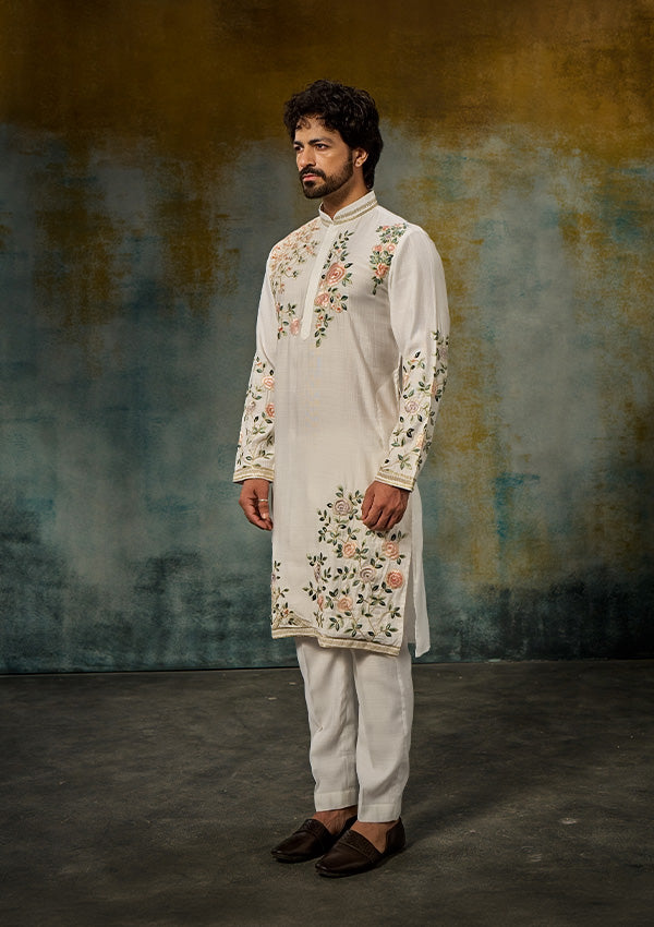 Off White Premium Silk Kurta Pajama with Multicolour Threadwork