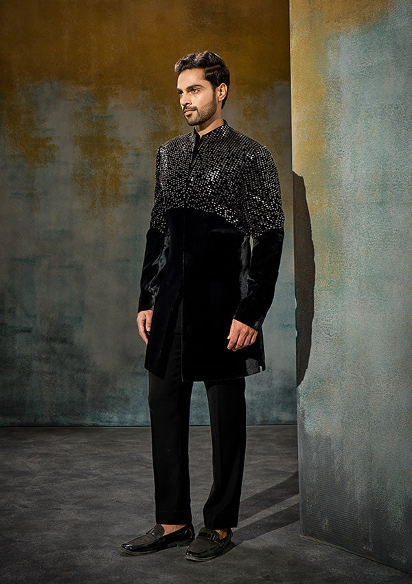 Black Velvet Indo Western with Gunmetal Work