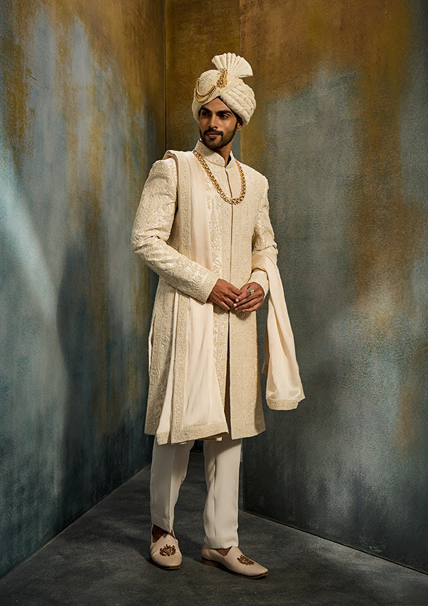 Off White Raw Silk Sherwani with Modal Satin Shawl & Moti Work