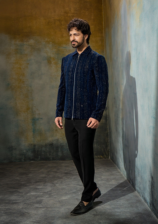 Turquoise Blue Satin Finish Jacket with All-Over Cut Moti Work