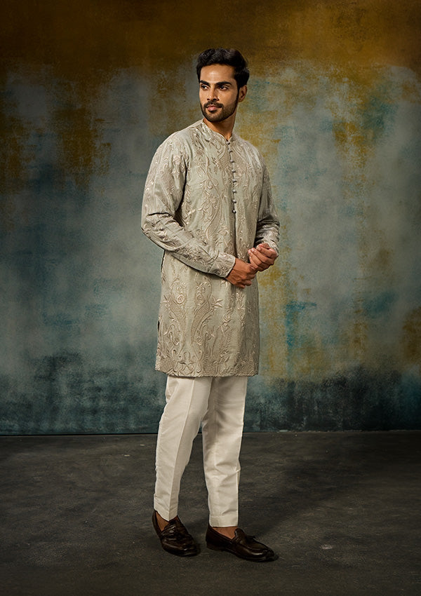 Greyish Green Dupion Raw Silk Kurta Pajama with All-Over Threadwork