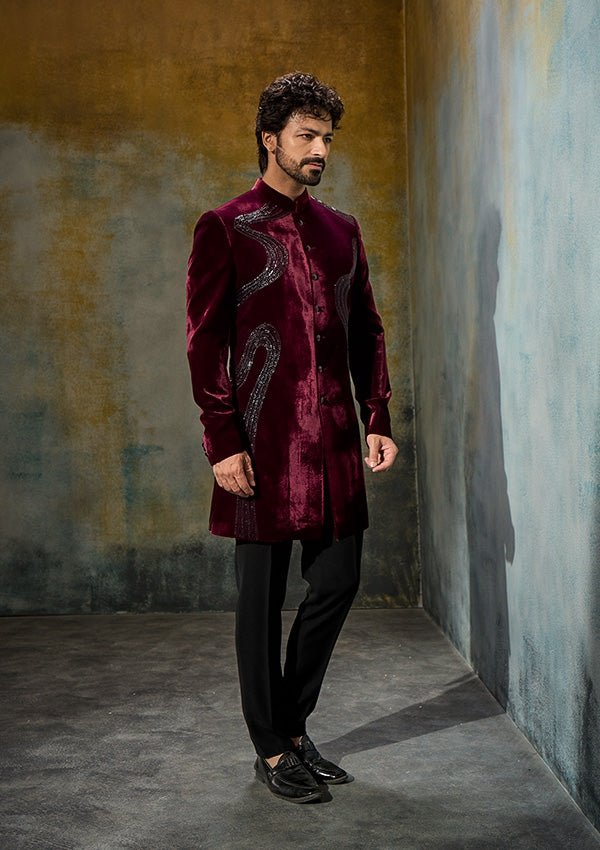 Wine Velvet Indo Western with Cutdana Work