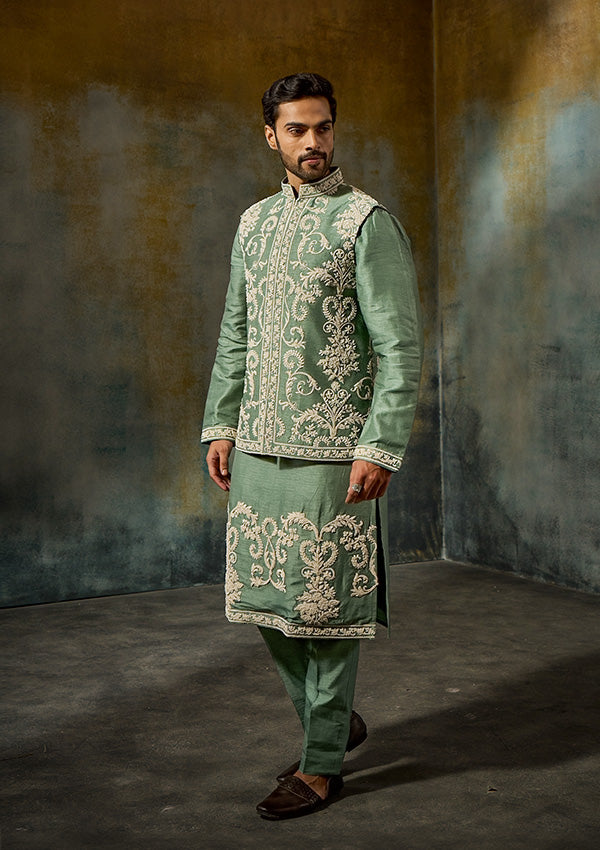Green Dipone Raw Silk Kurta Pajama with Dori & Moti Work Koti