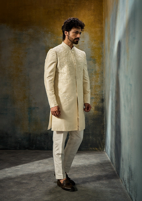 Off White Raw Silk Sherwani Pajama with All-Over Cutdana Work