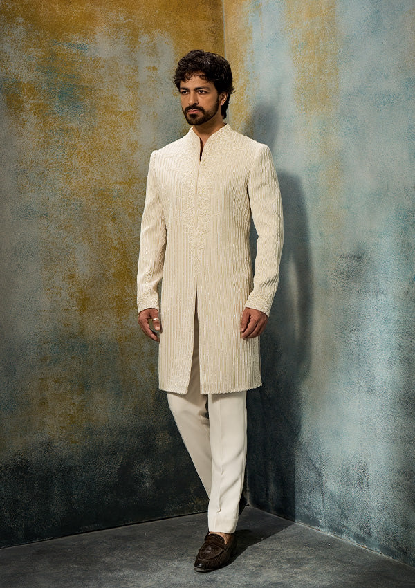 Ivory Raw Silk Sherwani Pajama with Tonal Embroidery & Moti Work