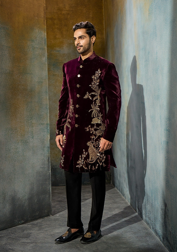 Wine Velvet Indo Western with Pita Kasab Work