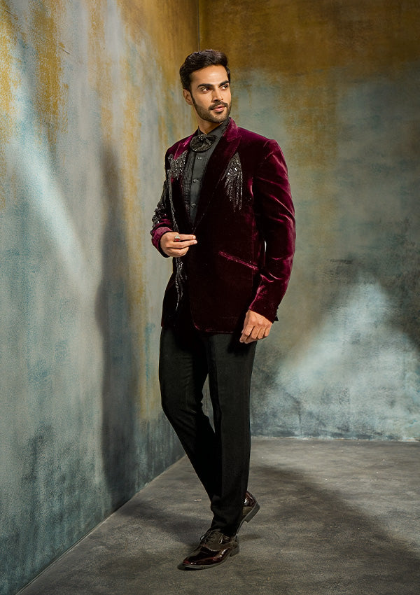 Wine Velvet Suit with Salli & Cut Diamond Work