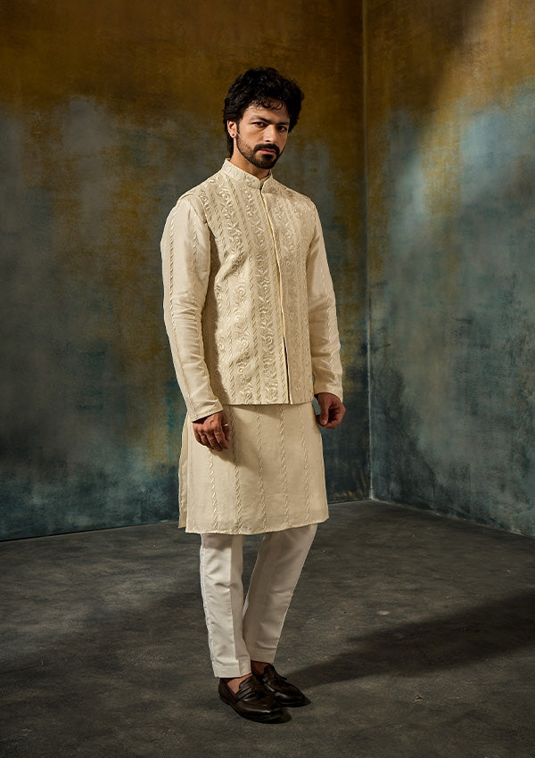 Light Gold Organza Kurta Pajama with All-Over Machine Work Koti