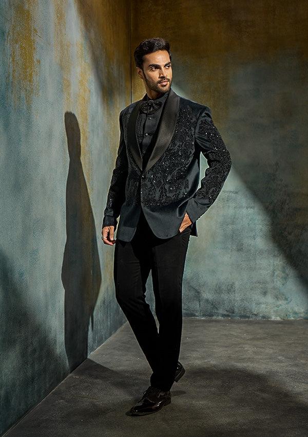 Grey Suede Velvet Suit with Cutdana & Moti Work