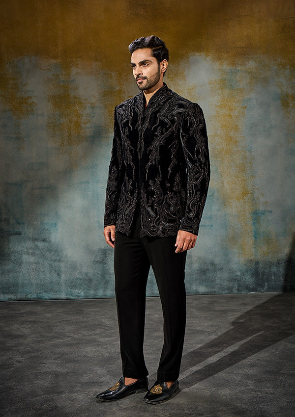 Black Velvet Suit with Appliqué & Cutdana Work