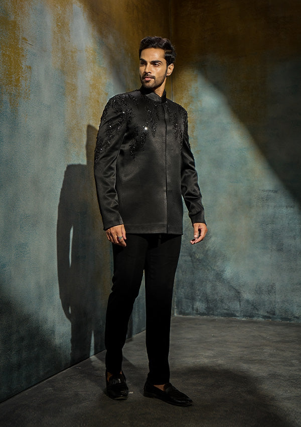 Black Poly Viscose Jodhpuri with Cutdana, Moti, Pearl & Bead Work