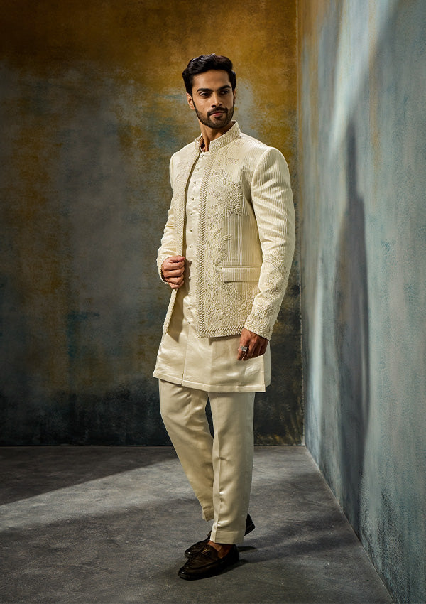 Light Gold Tissue Silk Jodhpuri Kurta Pajama with Moti & Threadwork