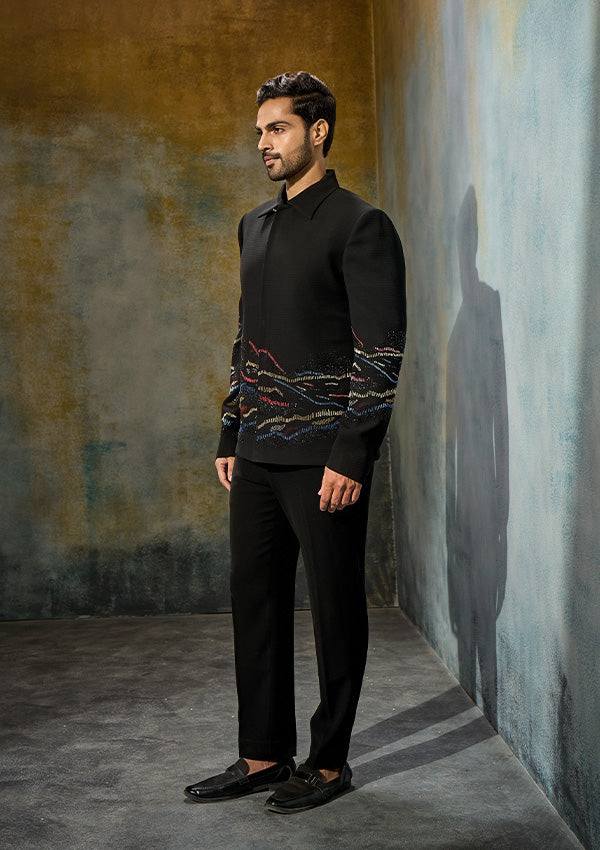 Black Poly Viscose Blazer with Coloured Cutdana & Beadwork