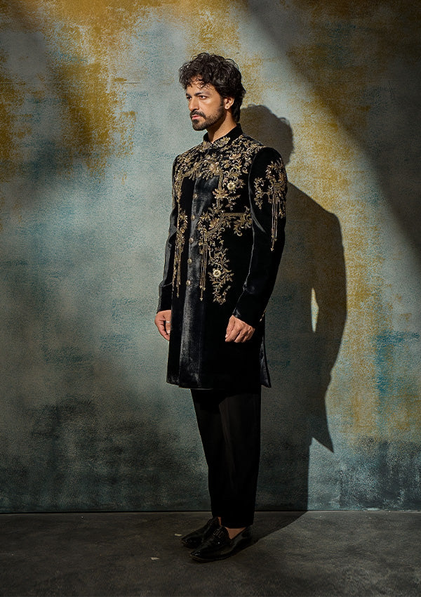 Black Velvet Sherwani Pajama with Zardozi & Kasab Work