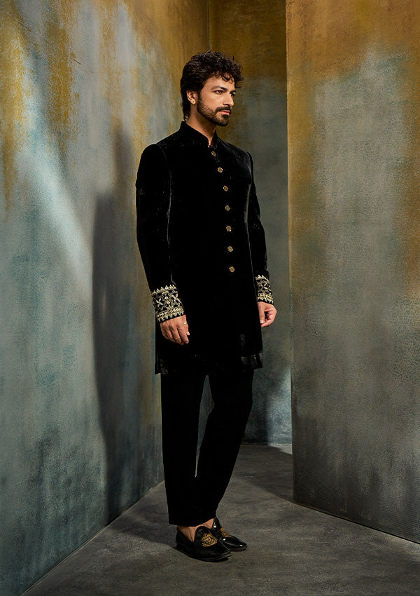 Black Shiny Velvet Indo Western with Mirror & Gold Kasab Work
