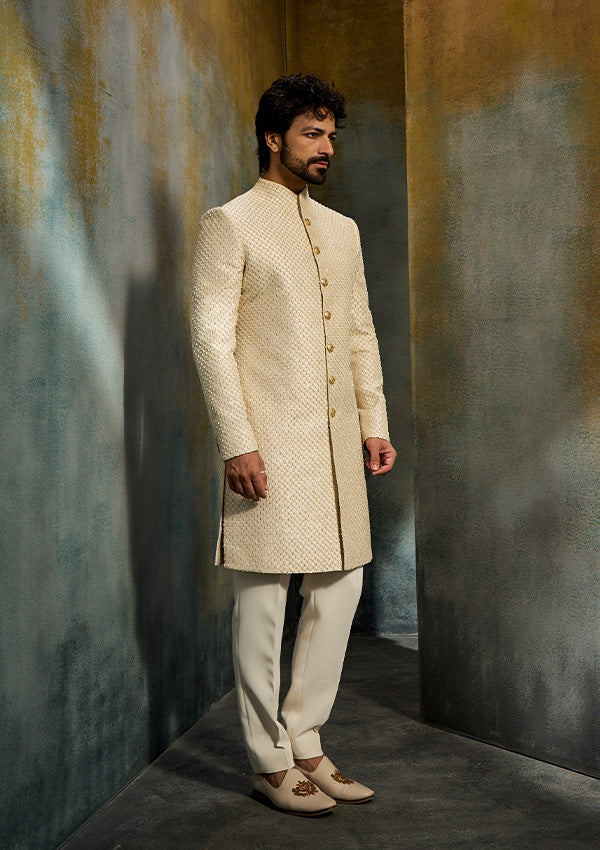 Cream Raw Silk Sherwani Pajama with Criss-Cross Zardozi & Moti Work