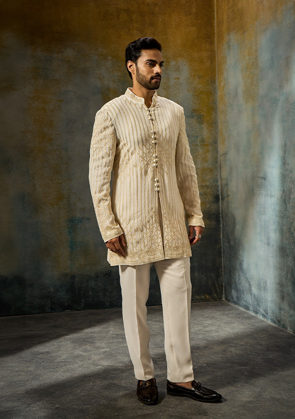 Off White Georgette Indo Western with All-Over Threadwork