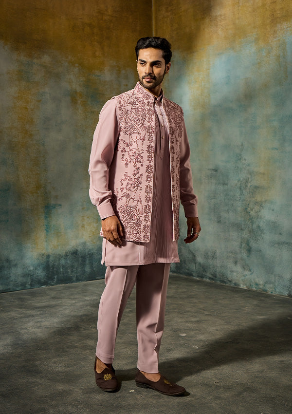 Pink Poly Viscose Kurta Pajama with Cutdana, Tiki & Machine Work Koti