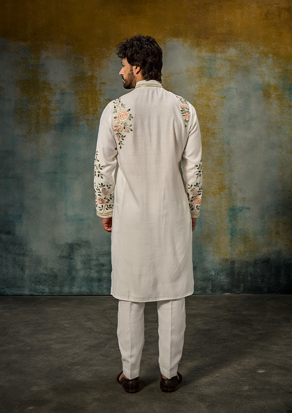 Off White Premium Silk Kurta Pajama with Multicolour Threadwork