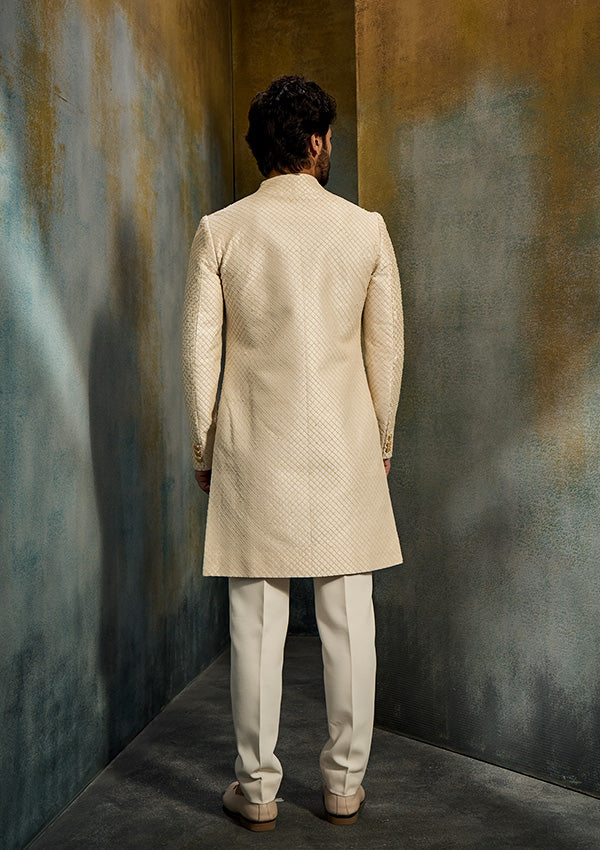 Cream Raw Silk Sherwani Pajama with Criss-Cross Zardozi & Moti Work