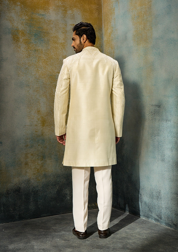 Ivory Raw Silk Sherwani Pajama with All-Over Pearl Moti Work