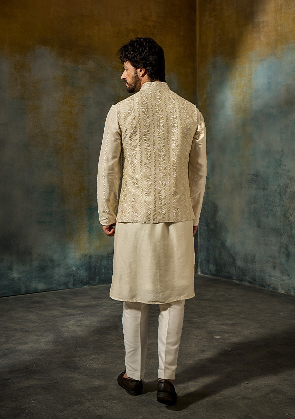 Light Gold Organza Kurta Pajama with All-Over Machine Work Koti