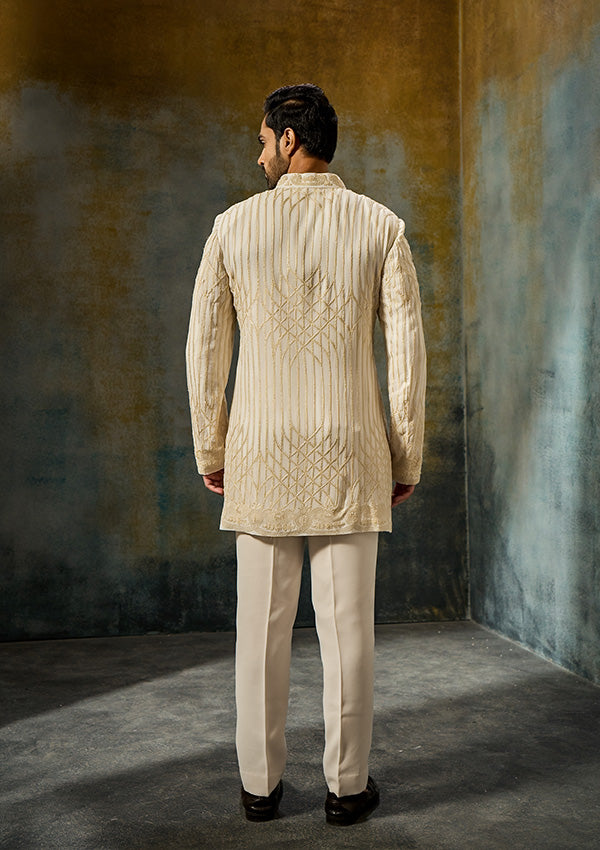 Off White Georgette Indo Western with All-Over Threadwork