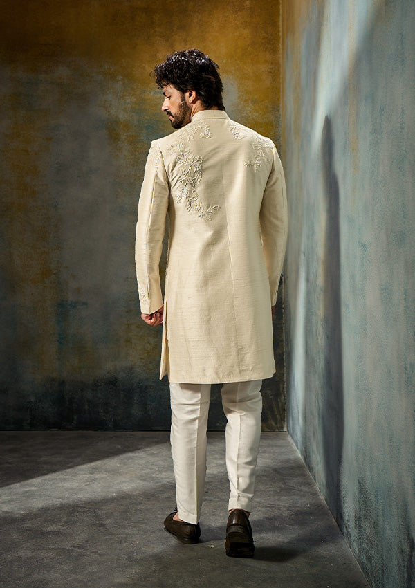 Off White Raw Silk Sherwani Pajama with All-Over Cutdana Work