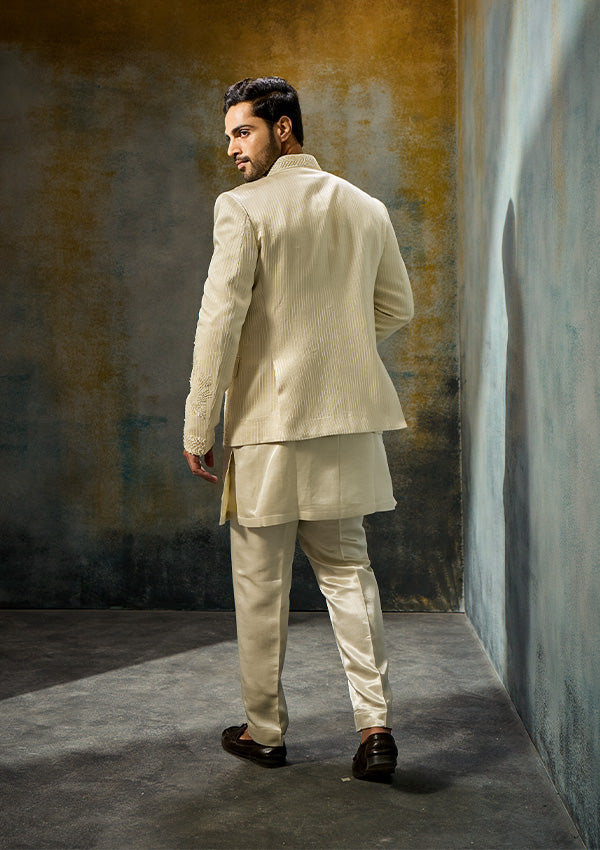 Light Gold Tissue Silk Jodhpuri Kurta Pajama with Moti & Threadwork
