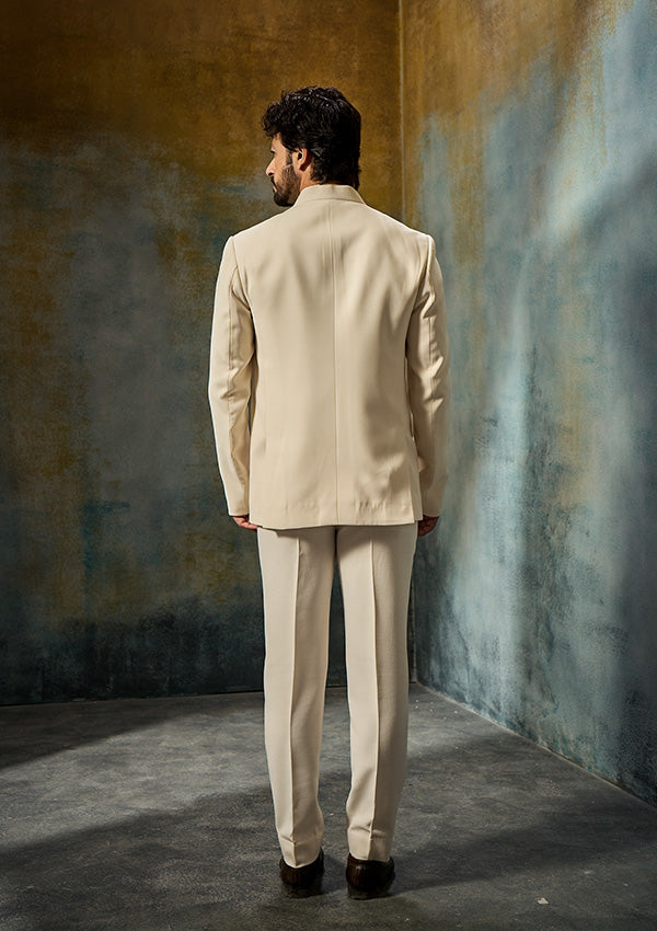 Off White Poly Viscose Jodhpuri & Vest with Motif Detailing