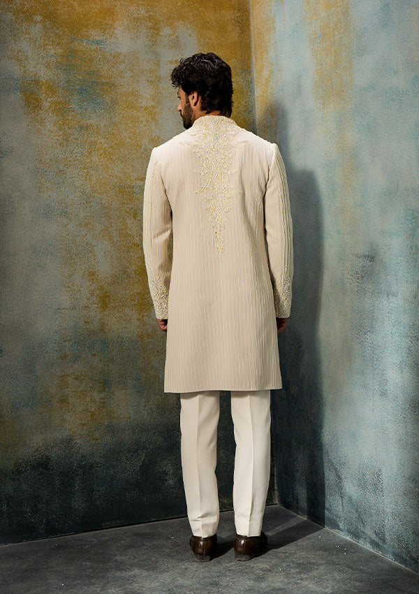 Ivory Raw Silk Sherwani Pajama with Tonal Embroidery & Moti Work