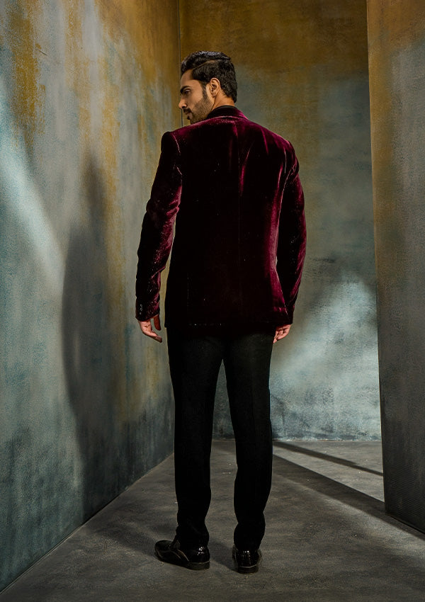 Wine Velvet Suit with Salli & Cut Diamond Work