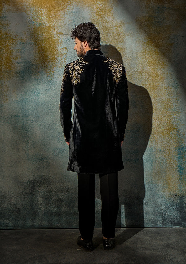 Black Velvet Sherwani Pajama with Zardozi & Kasab Work