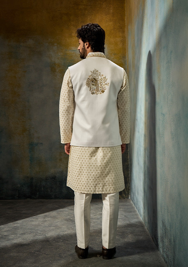 Off White Buti Kurta Pajama with Linen Satin Koti & Zardozi Work