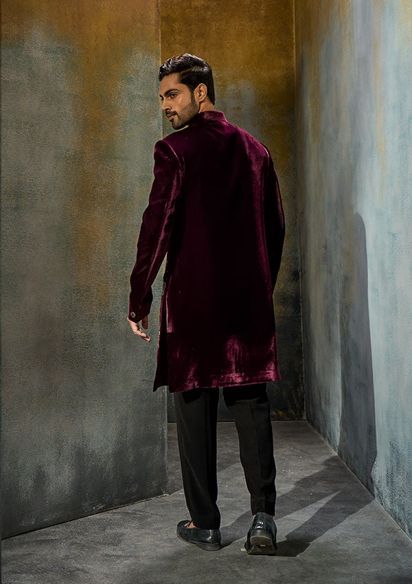 Wine Velvet Indo Western with Pita Kasab Work