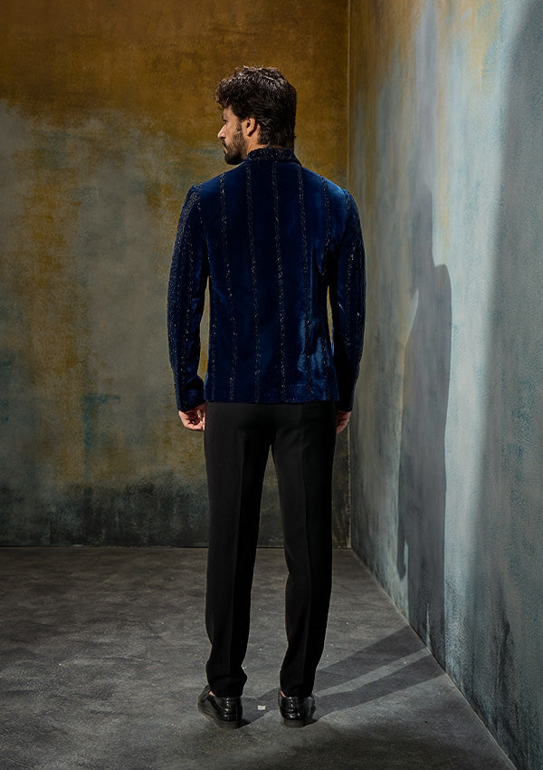 Turquoise Blue Satin Finish Jacket with All-Over Cut Moti Work
